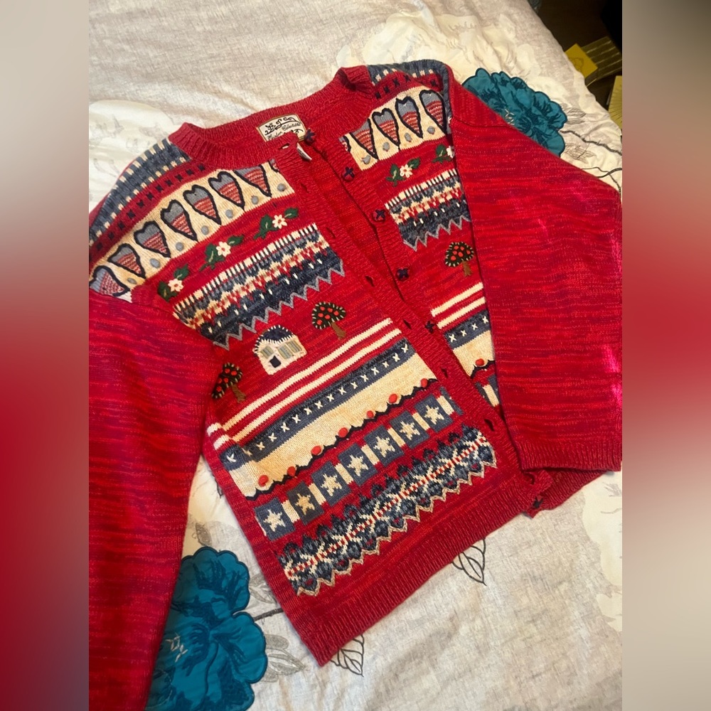 Heirloom Collection Ugly Sweater Hearts Christmas Sweater Jacket Size L
